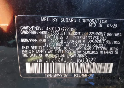 2020 Subaru Forester Premium z USA, uszkodzony, nr VIN JF2SKAJC2LH603623